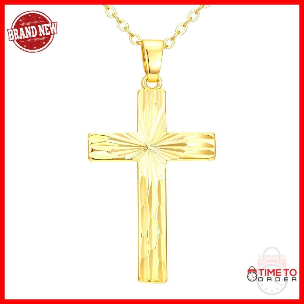 14K Gold Plated Cross Pendant Necklace 18 Inch Chain Religious Jewelry Gift
